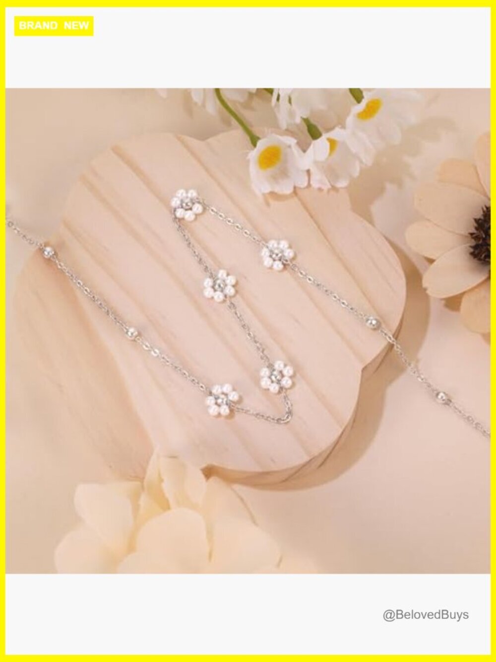 Stainless Steel Daisy Pearl Choker Necklace, Adjustable 15 Inch Chain - Picture 5 of 7
